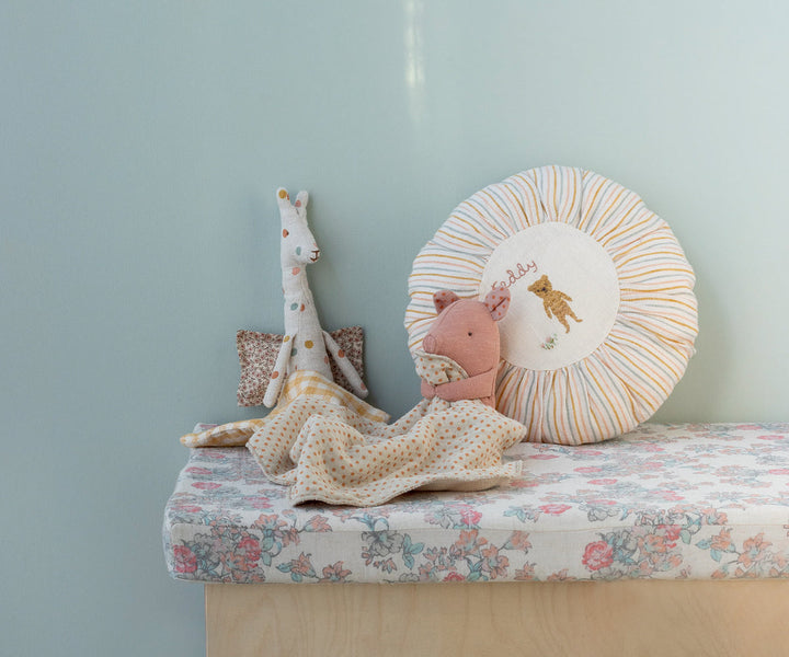 Maileg Lullaby Friends Pig Mini Rose lifestyle scene with Maileg newborn rabbit and nursery display