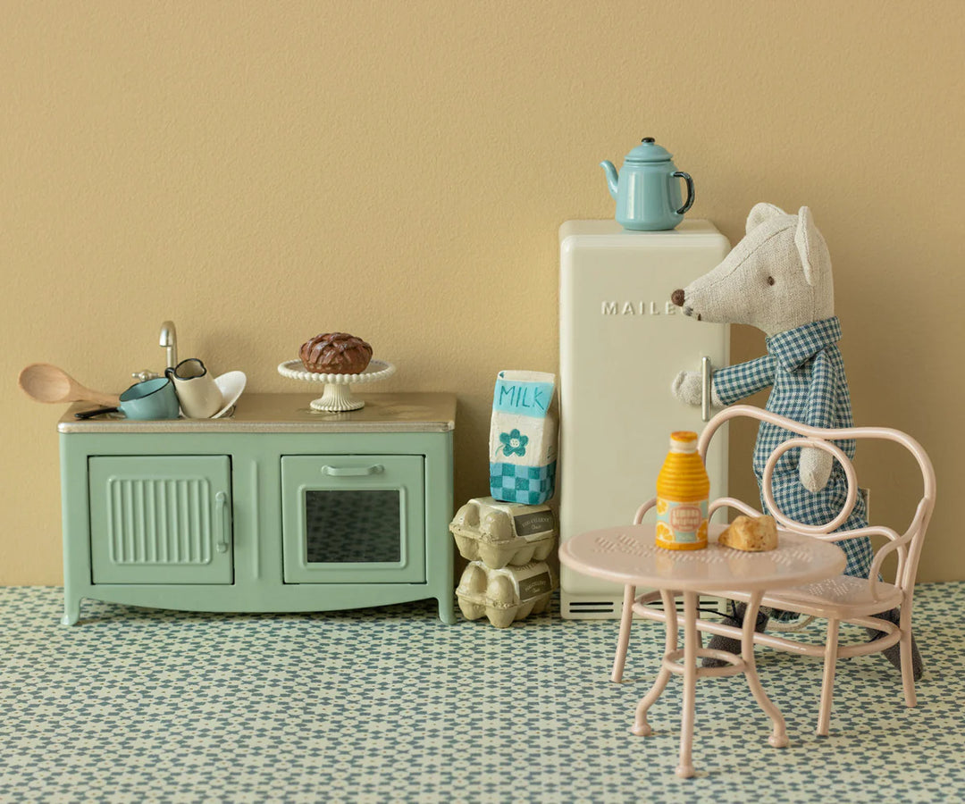 Designed for playful storytelling, the Maileg Mouse Kitchen Ð Mint adds character as dollhouse miniature accessories