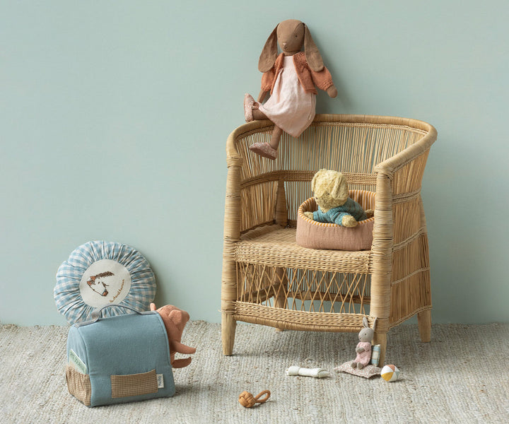 Maileg Cardigan Size 4 Vintage Rose lifestyle scene with Maileg bunny doll in rattan chair setting