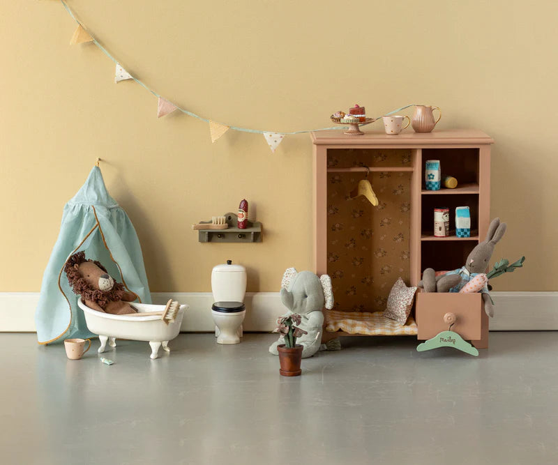 Whimsical Maileg Bed Canopy, Miniature in mint designed to complement collectible Maileg heirloom toys and dollhouse decor