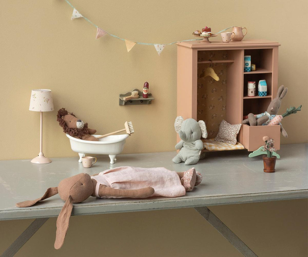 Maileg size 3 bunny dress and shoes lifestyle with Maileg bathroom furniture and rabbit characters