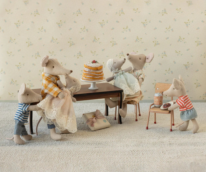 Maileg Baby Mouse in Gown Mint in matchbox – mint green baby mouse doll nestled in Maileg miniature matchbox bed