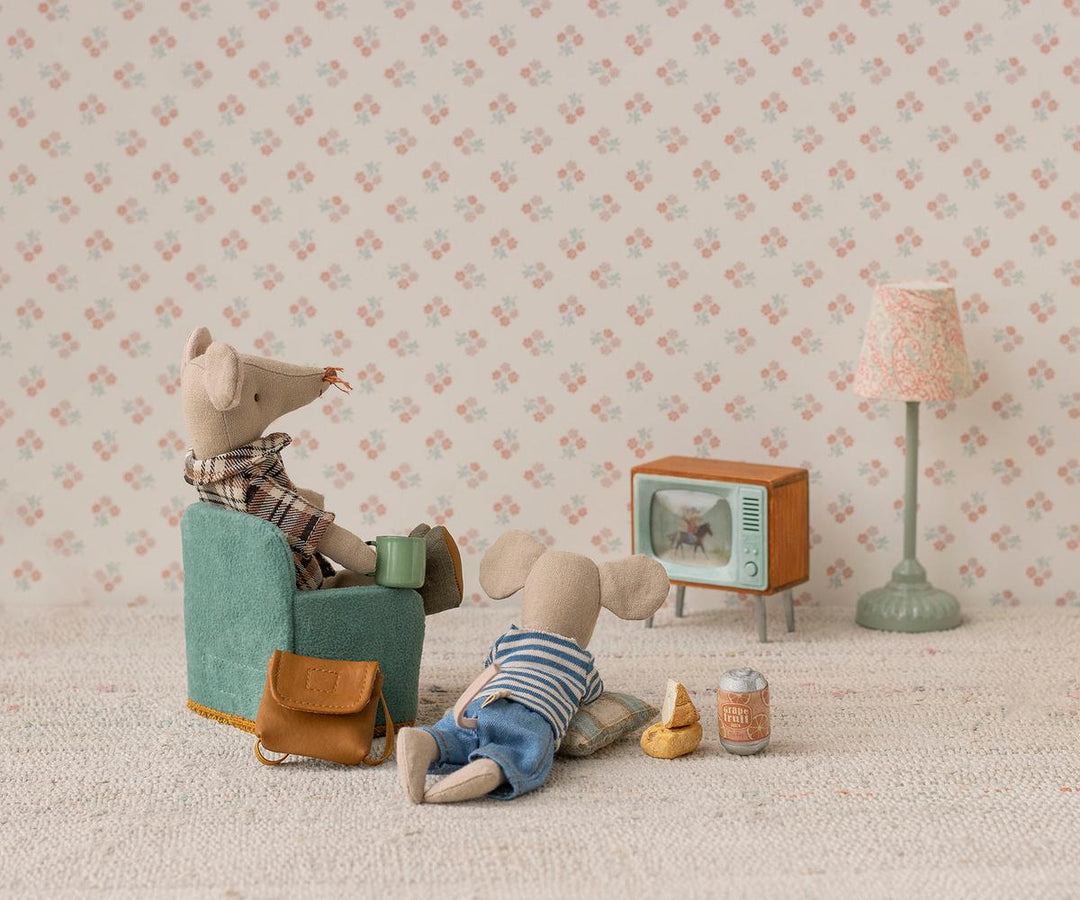 Retro Maileg mouse television dollhouse accessory for imaginative play