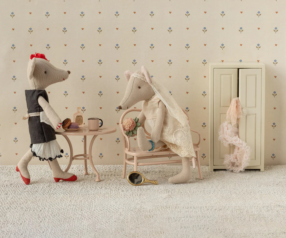 Maileg Beautician Mouse Mum displayed in dollhouse setting - Maileg mouse family accessory