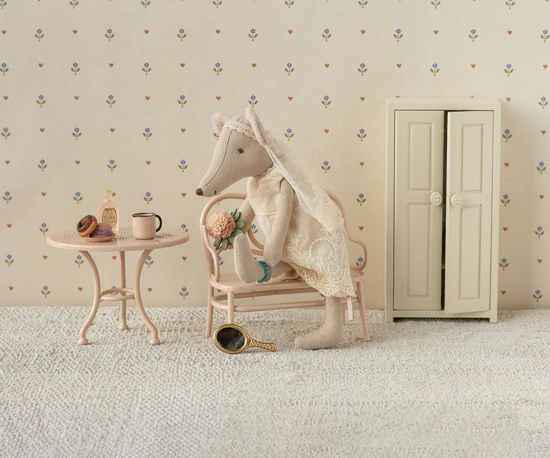 Maileg Wedding Dress Mum Mouse in dollhouse - Maileg wedding mice displayed in miniature setting