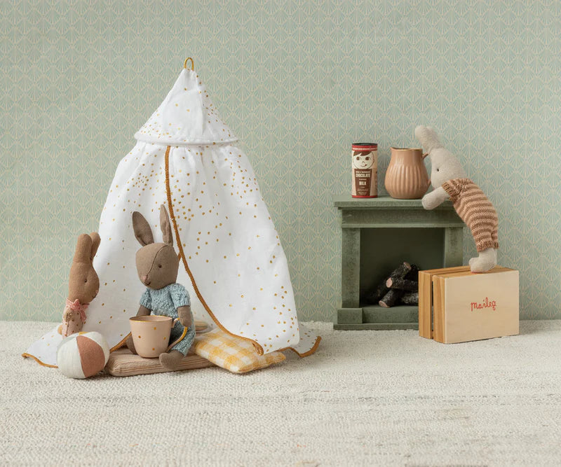Dreamy Maileg Bed Canopy, Miniature in off white pairs beautifully with dollhouse furniture and classic Maileg plush toys