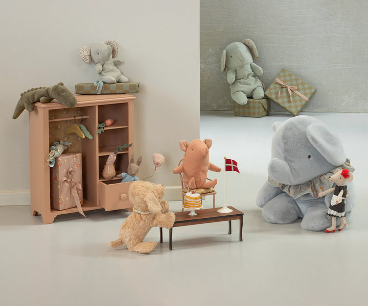 Maileg Safari Friends Crocodile Mini Olive Green lifestyle scene with Maileg animals and wooden cabinet