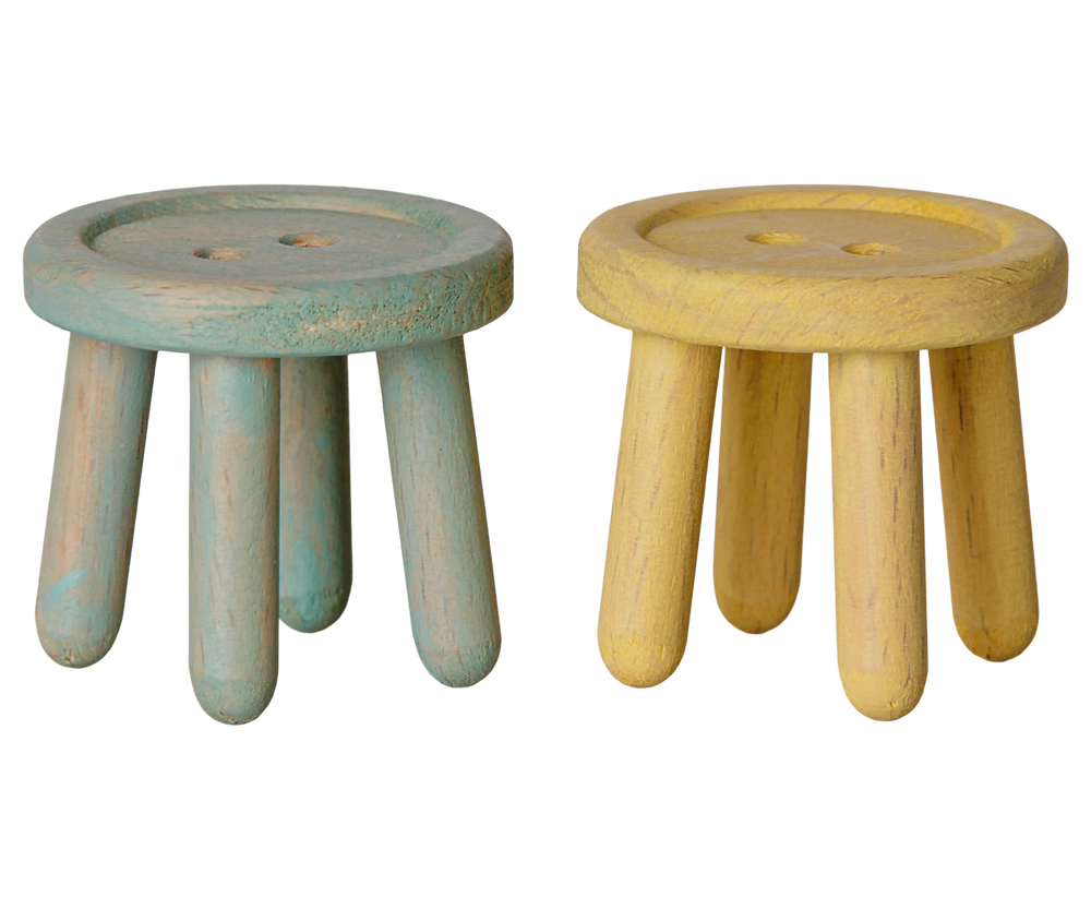 Maileg Stool Set dollhouse furniture, Mouse - Mint/Light Yellow, set of 2 wooden stools