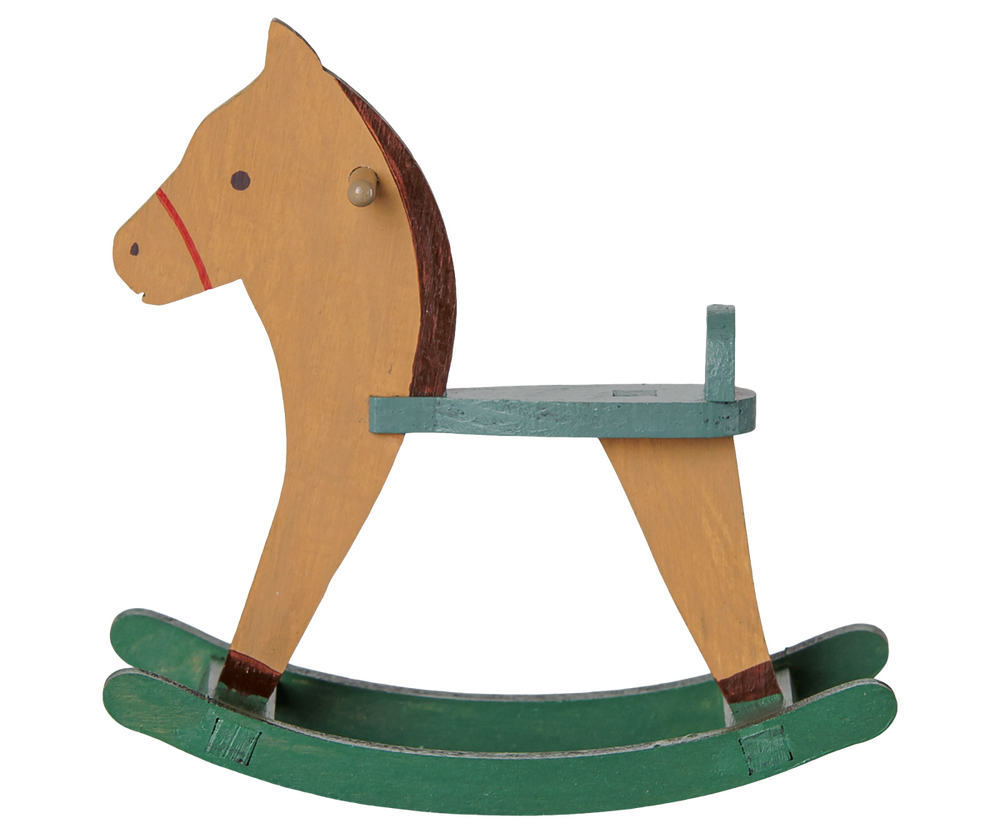 Light brown Maileg mouse rocking horse with metal handle rod, product studio shot