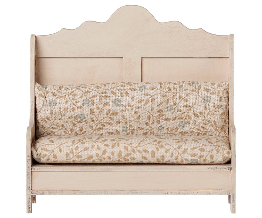 Maileg wooden bench with floral cushion, mouse dollhouse furniture for the Farmhouse kitchen