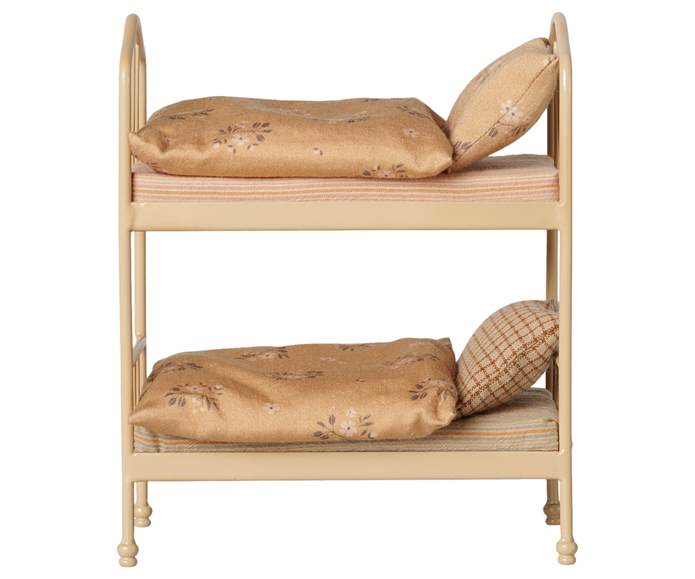 This Wheat Maileg mouse bunk bed features matching pillows, a sweet piece of Maileg dollhouse furniture