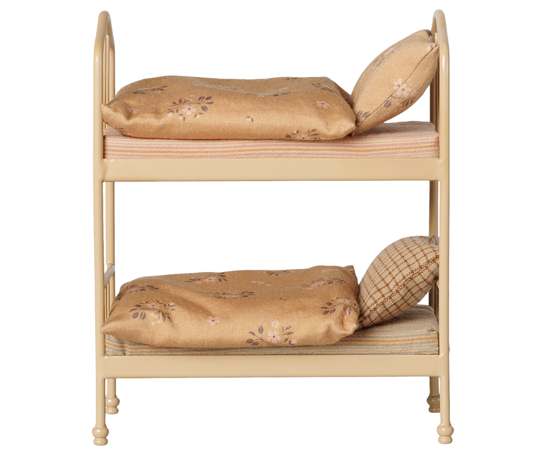 This Wheat Maileg mouse bunk bed features matching pillows, a sweet piece of Maileg dollhouse furniture