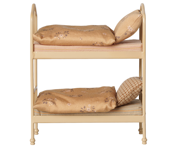 This Wheat Maileg mouse bunk bed features matching pillows, a sweet piece of Maileg dollhouse furniture