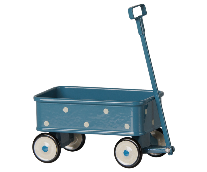 Dollhouse pull wagon by Maileg in blue dots, mouse-size metal wagon for imaginative play