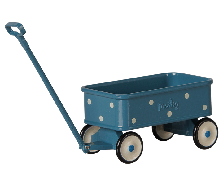 Maileg Wagon, Mouse in Blue, dotted metal pull wagon for Maileg mice and dollhouse play
