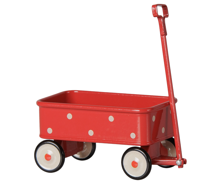 Mouse-size metal wagon by Maileg in red dots with working wheels for Maileg mouse adventures