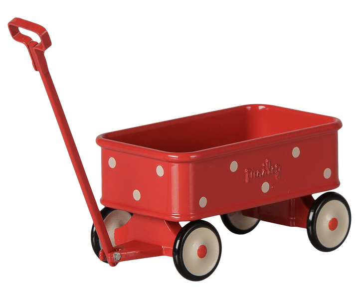Maileg Wagon, Mouse in Red, dotted metal pull wagon for Maileg mice and dollhouse play
