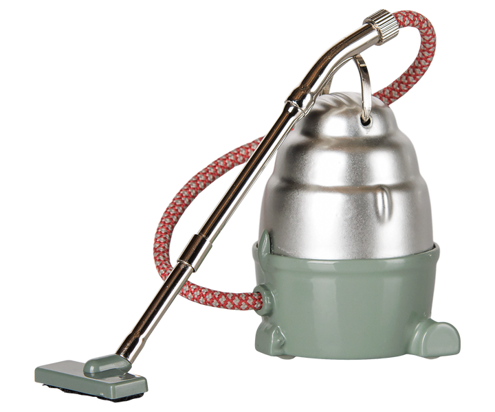 Maileg Vacuum Cleaner, Mouse in Dark Mint with fabric hose, dollhouse cleaning accessory