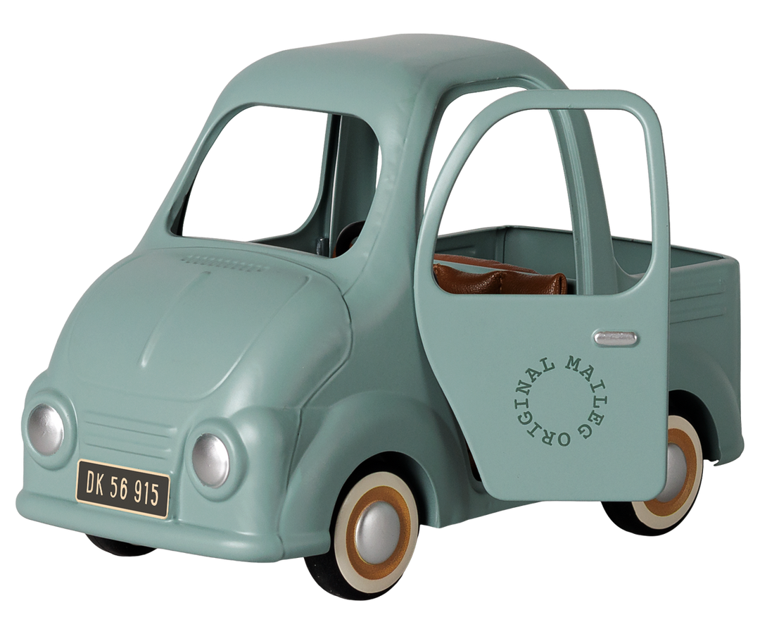 Maileg Truck, Mouse with both doors open showing steering wheel and cozy metal cab interior