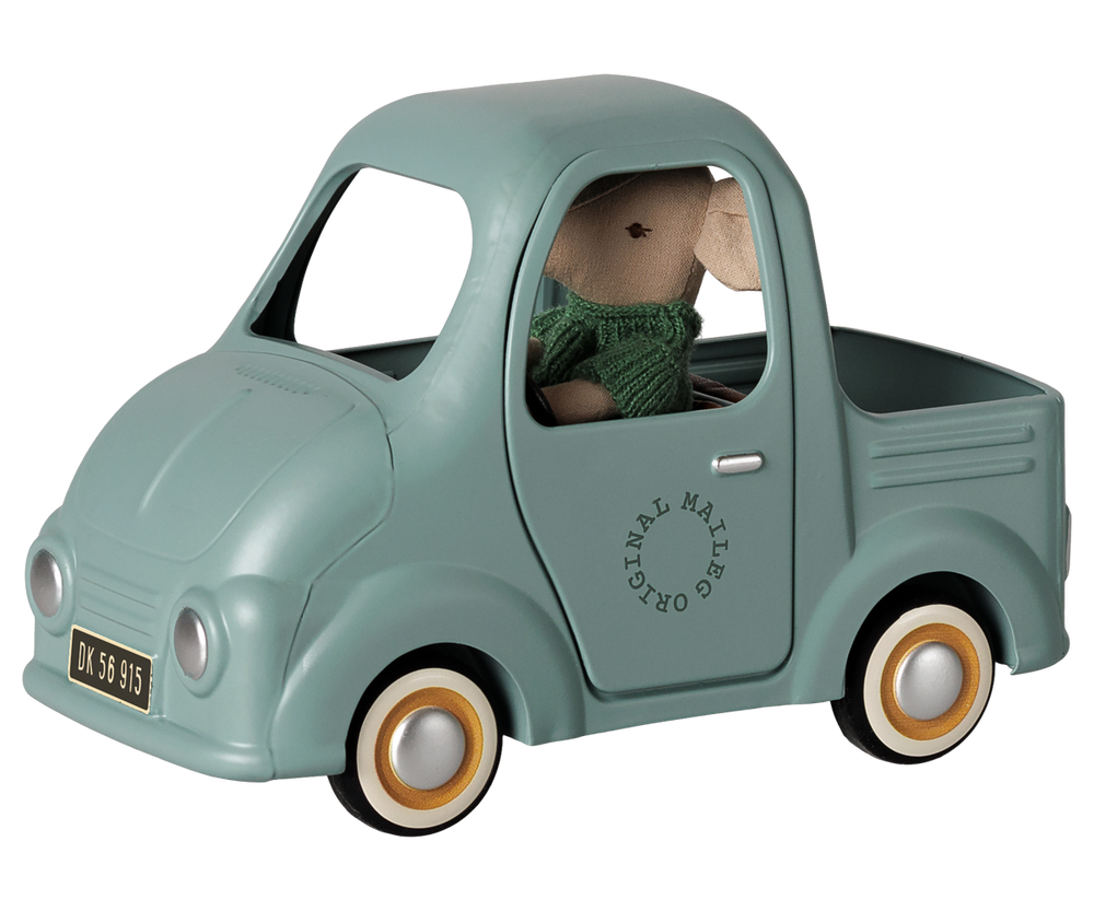 Mouse driving the Maileg Truck, collectible metal toy car with working doors for dollhouse play