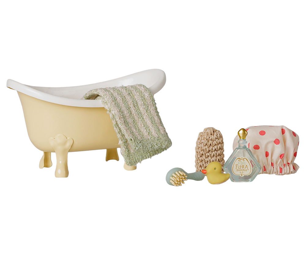 Maileg yellow bathtub with towel, paw mitt, and rubber duck, miniature bath set for mouse dollhouse