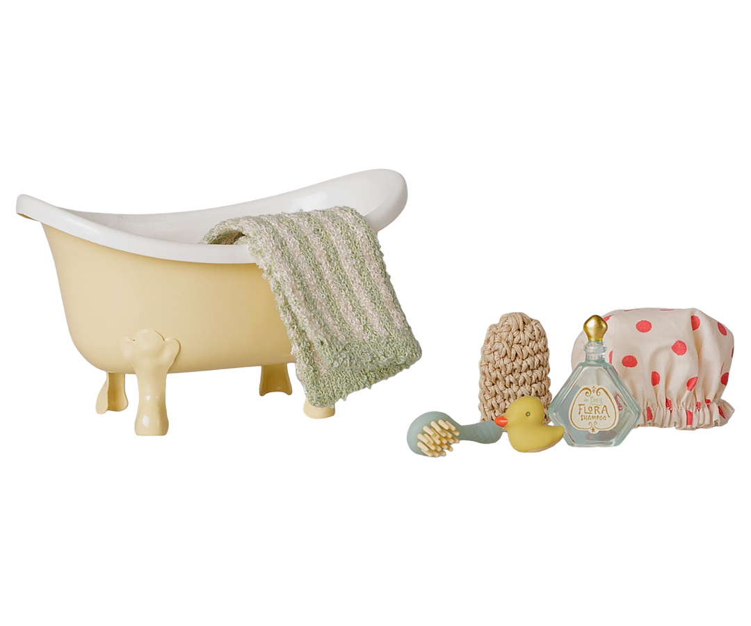 Maileg yellow bathtub with towel, paw mitt, and rubber duck, miniature bath set for mouse dollhouse