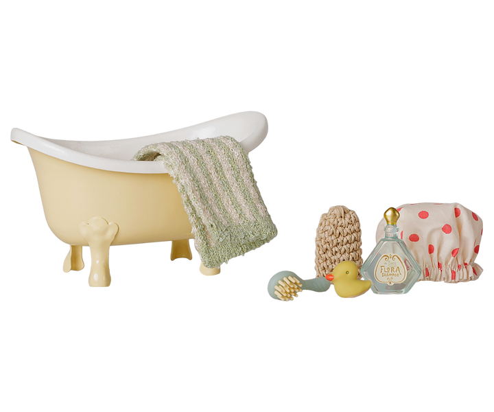 Maileg yellow bathtub with towel, paw mitt, and rubber duck, miniature bath set for mouse dollhouse