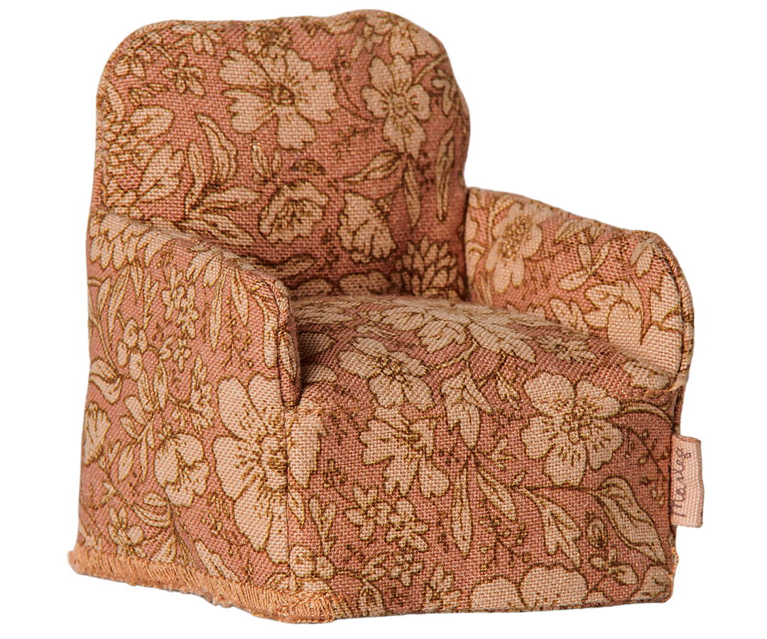 Close-up of the floral fabric on this Maileg mouse chair, cozy dollhouse furniture accent piece
