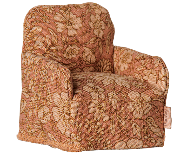 Close-up of the floral fabric on this Maileg mouse chair, cozy dollhouse furniture accent piece