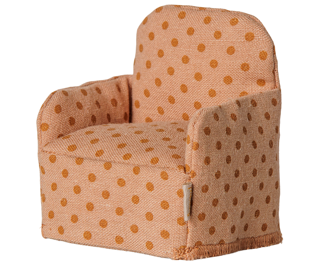 Polka dot mouse chair by Maileg, folding dollhouse furniture with vintage print upholstery