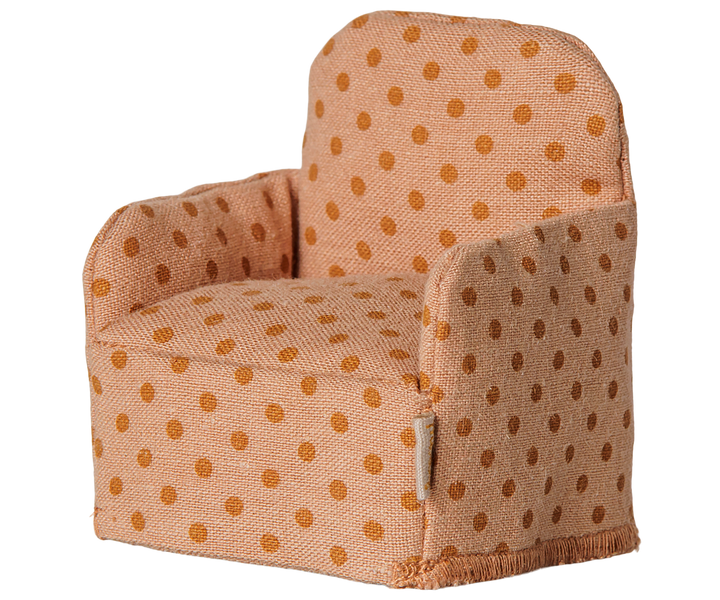 Polka dot mouse chair by Maileg, folding dollhouse furniture with vintage print upholstery