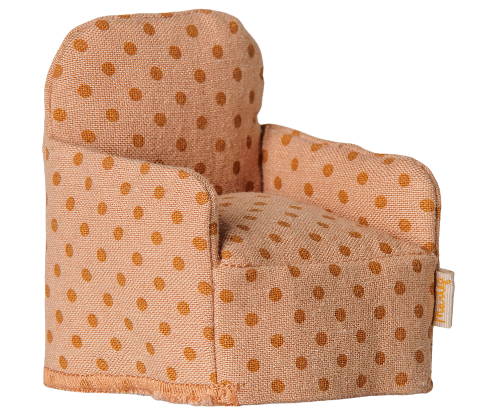 Maileg Folding Chair, Mouse Dots shown at an angle highlighting the cozy upholstered seat