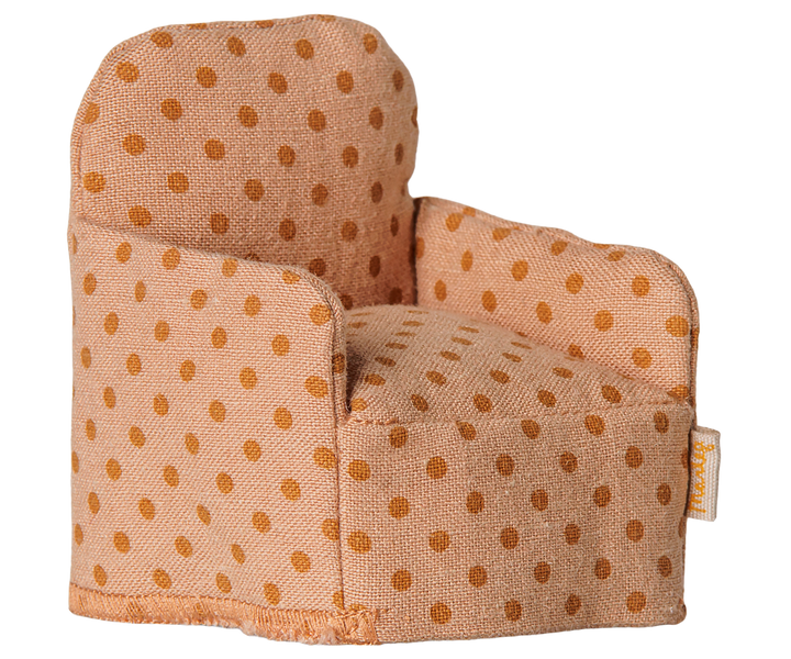 Maileg Folding Chair, Mouse Dots shown at an angle highlighting the cozy upholstered seat