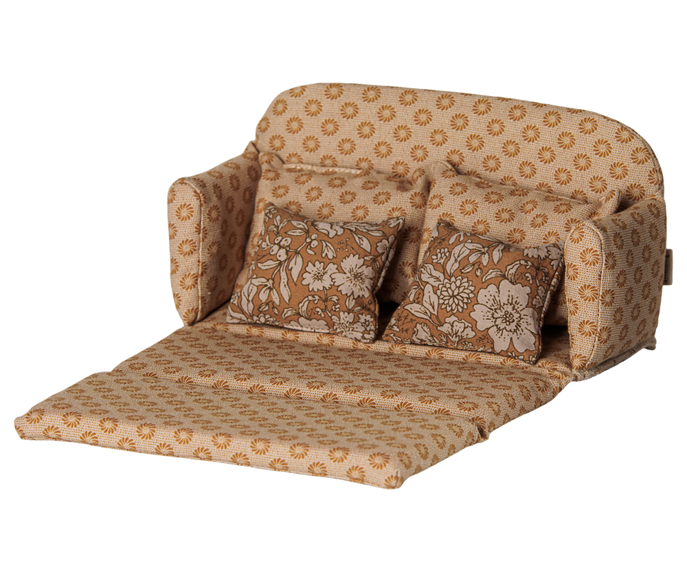 Maileg Sofa Bed, Mouse pulled out flat as a bed, versatile ocher dollhouse furniture piece
