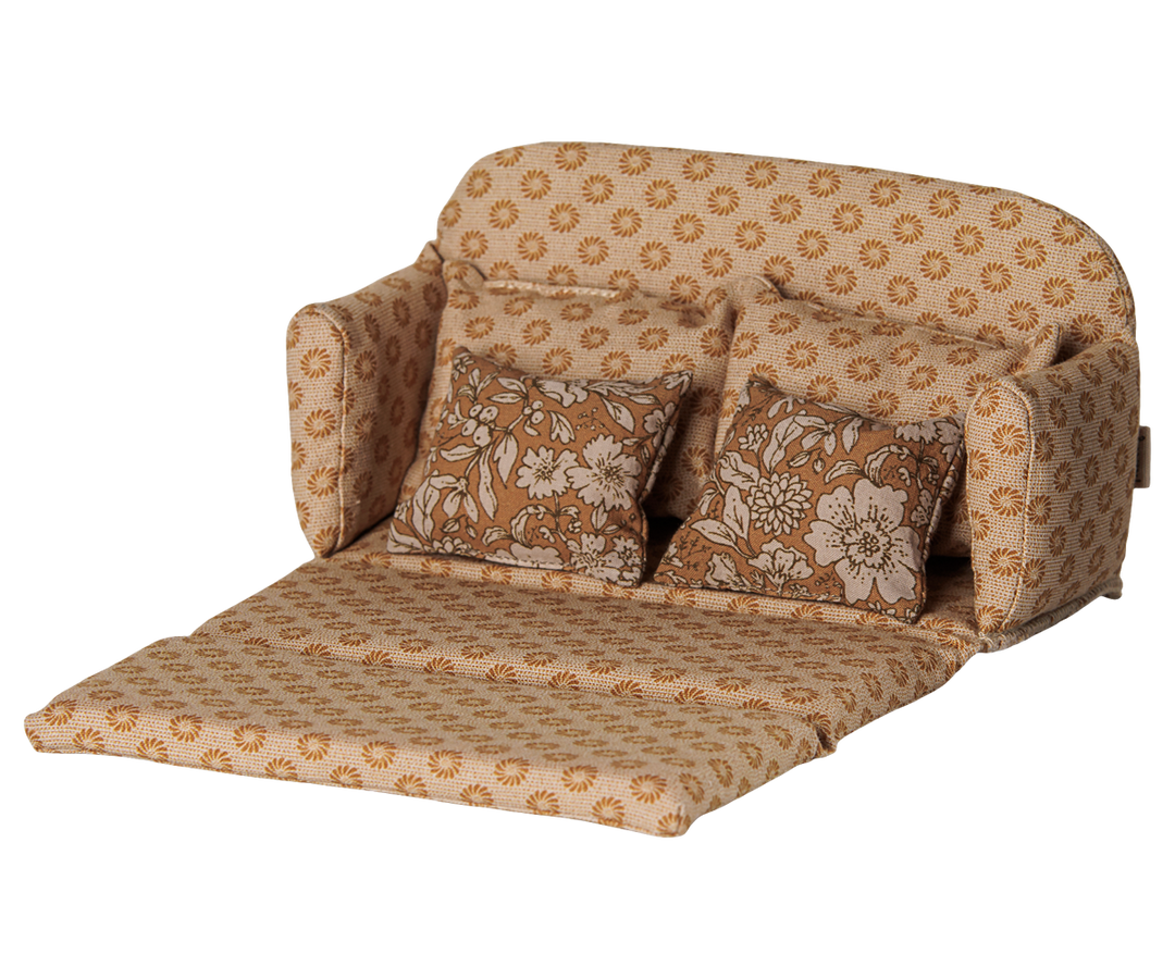 Maileg Sofa Bed, Mouse pulled out flat as a bed, versatile ocher dollhouse furniture piece