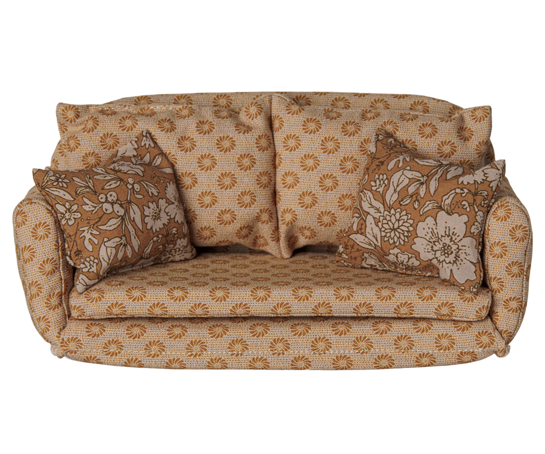 Maileg Sofa Bed in ocher with cushions, large mouse dollhouse furniture for the living room