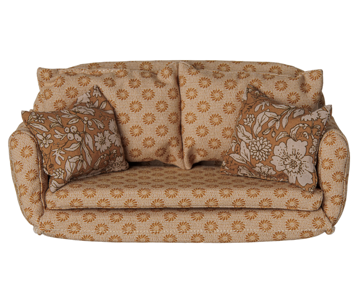 Maileg Sofa Bed in ocher with cushions, large mouse dollhouse furniture for the living room