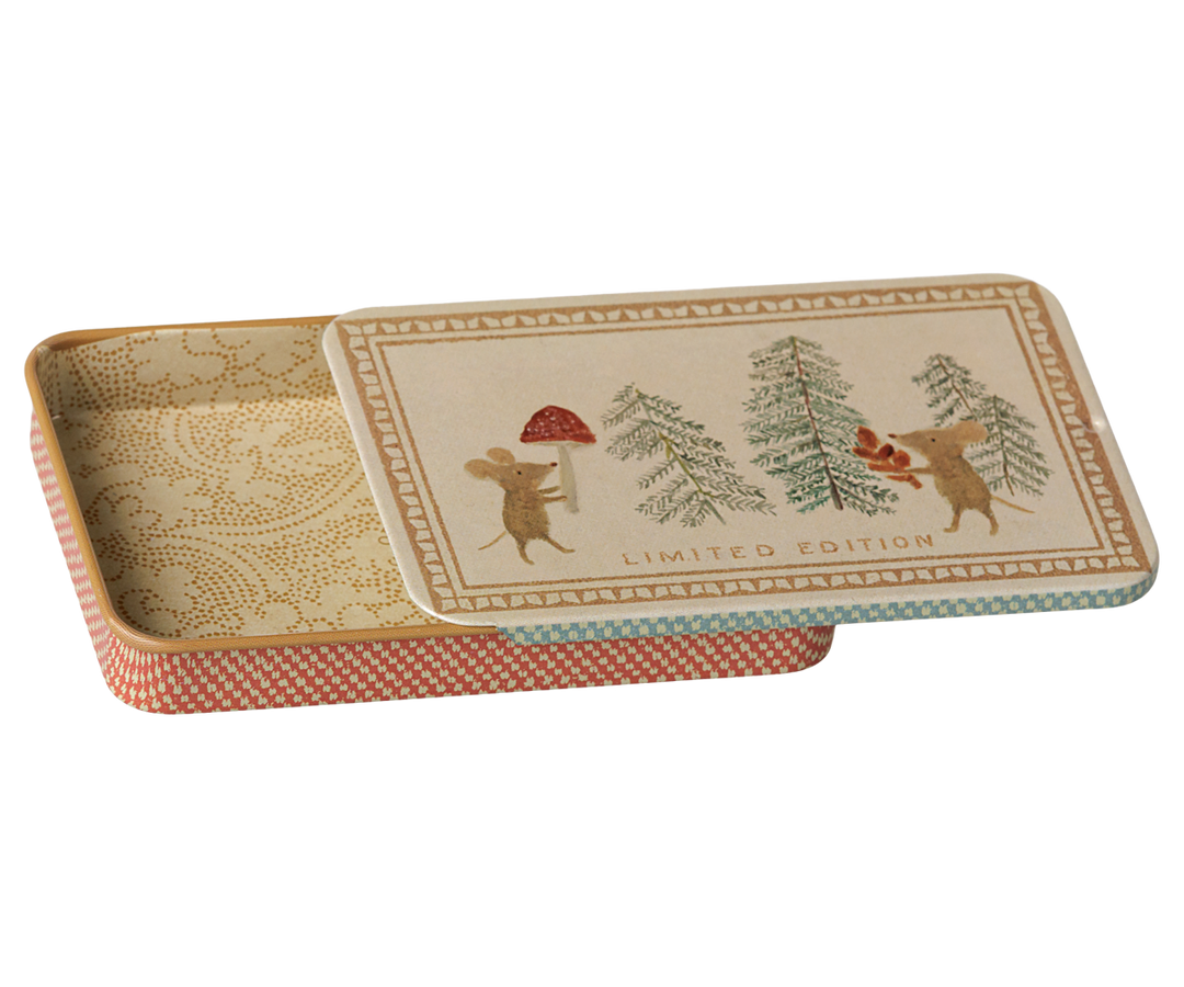 Sliding lid open on this Maileg Christmas Mice tin, festive metal keepsake box