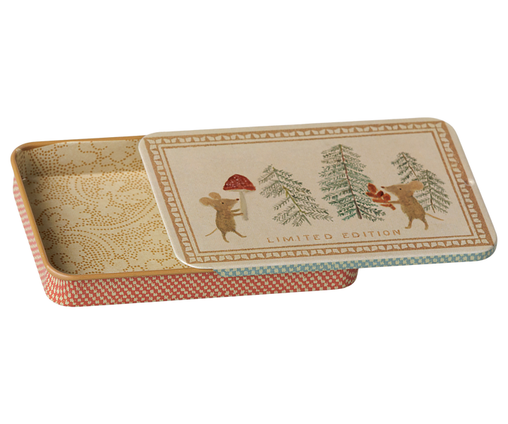 Sliding lid open on this Maileg Christmas Mice tin, festive metal keepsake box