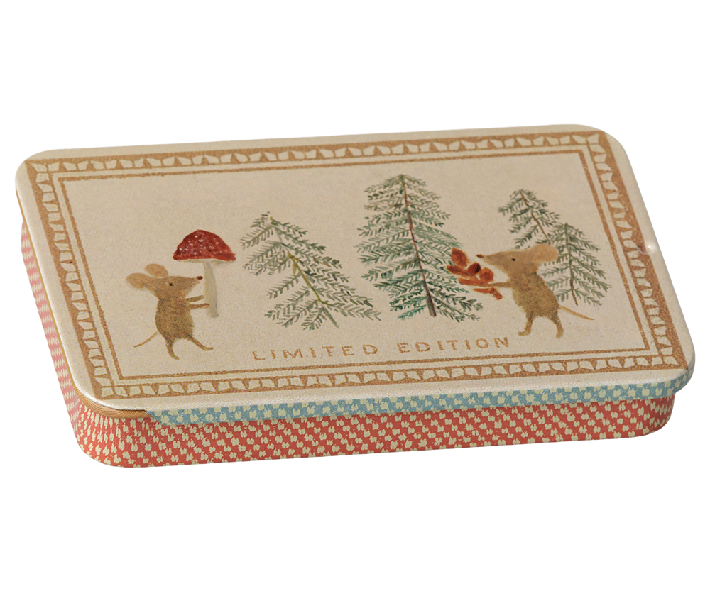 Maileg Metal Box with Christmas mice and pine trees, closed sliding lid gift tin