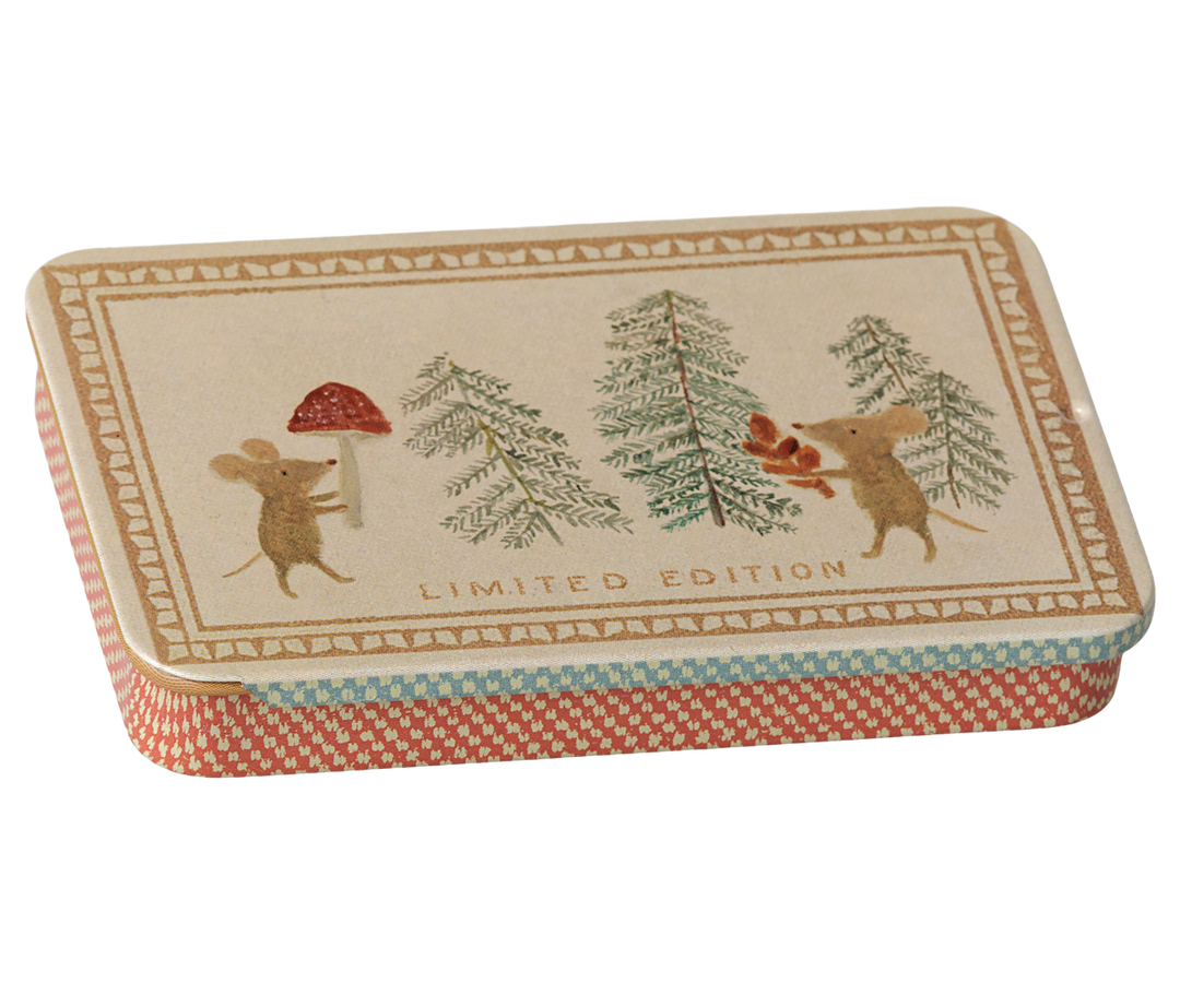 Maileg Metal Box with Christmas mice and pine trees, closed sliding lid gift tin