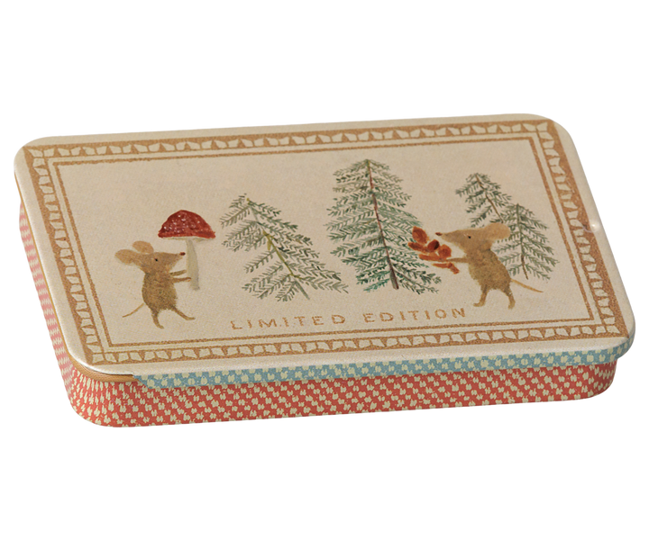 Maileg Metal Box with Christmas mice and pine trees, closed sliding lid gift tin