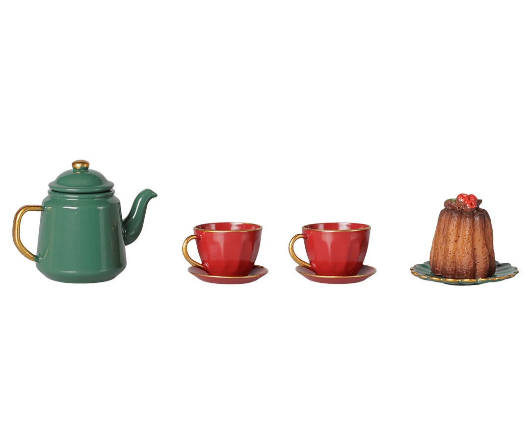 Maileg Christmas tea set pieces: teapot, two cups, saucers, and cake for mouse dollhouse