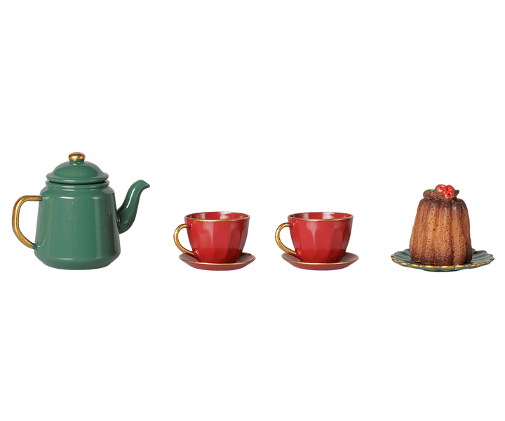 Maileg Christmas tea set pieces: teapot, two cups, saucers, and cake for mouse dollhouse