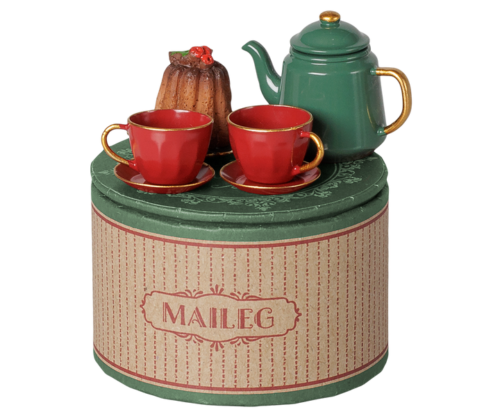 Maileg Christmas Tea Party set displayed on its round storage box, festive dollhouse accessory