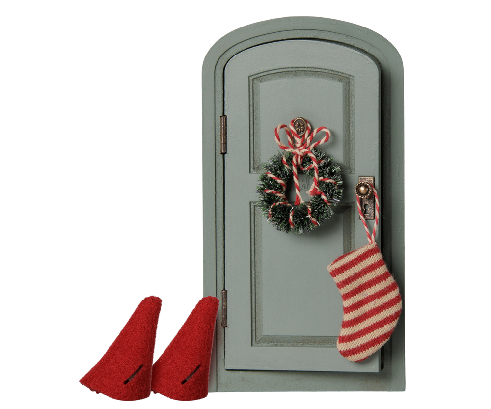 Maileg Christmas door with wreath and stocking, mouse hole holiday decor accessory