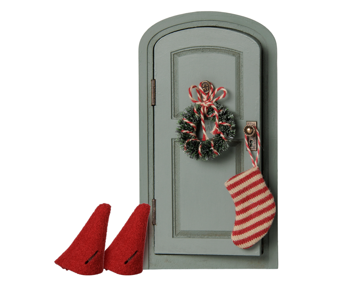 Maileg Christmas door with wreath and stocking, mouse hole holiday decor accessory