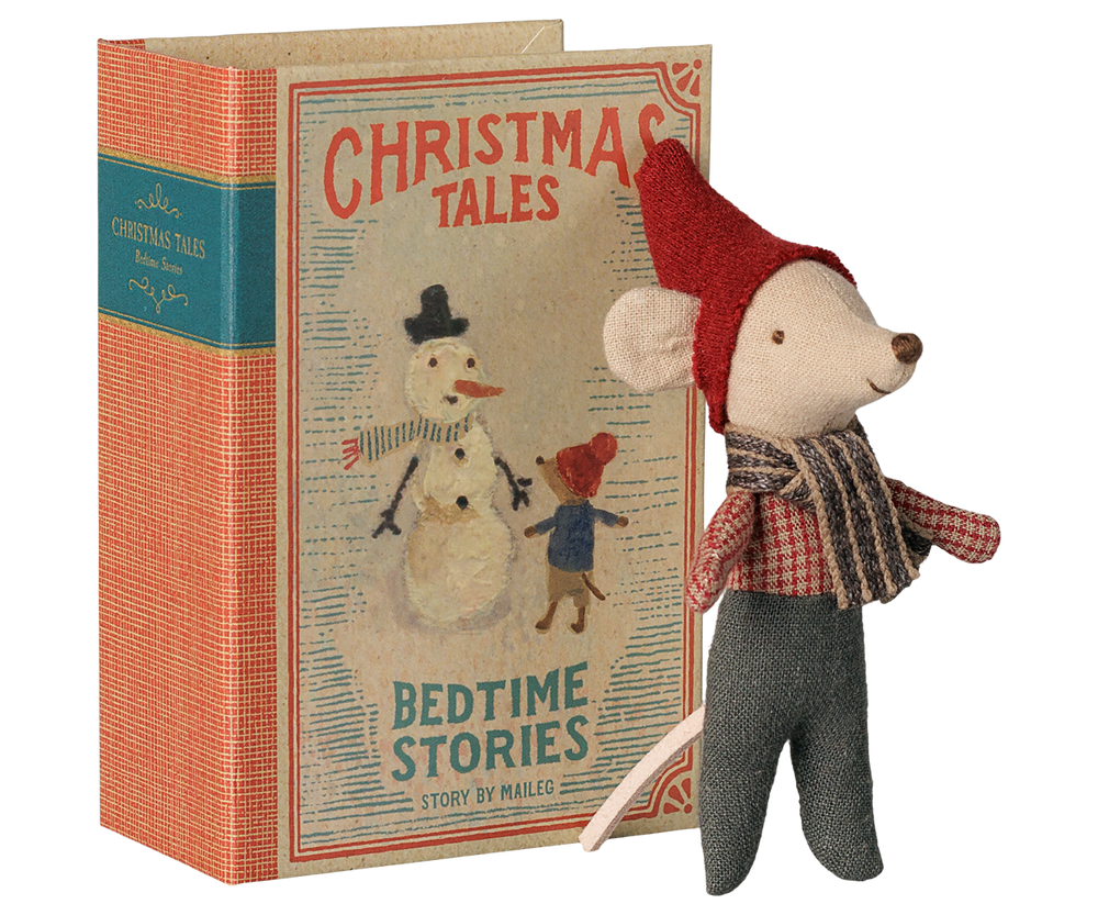 Closed Christmas Tales storybook by Maileg with a baby mouse peeking out, festive keepsake toy