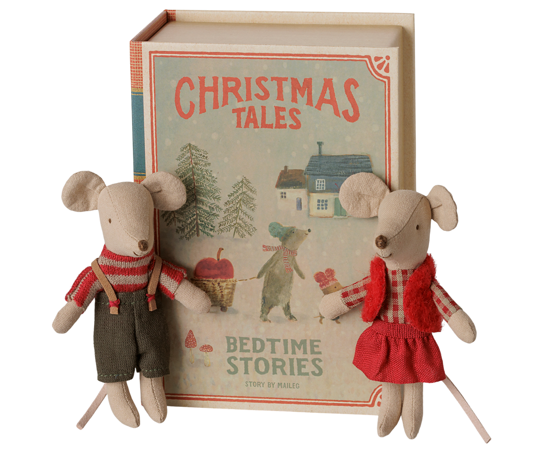 Maileg Christmas twin mice book opened to reveal soft bedding, keepsake mouse toy