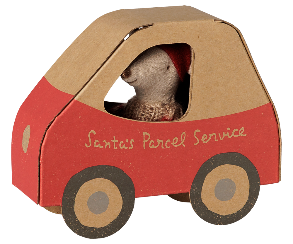 Maileg Christmas Mouse, Little Sister in car box holiday toy